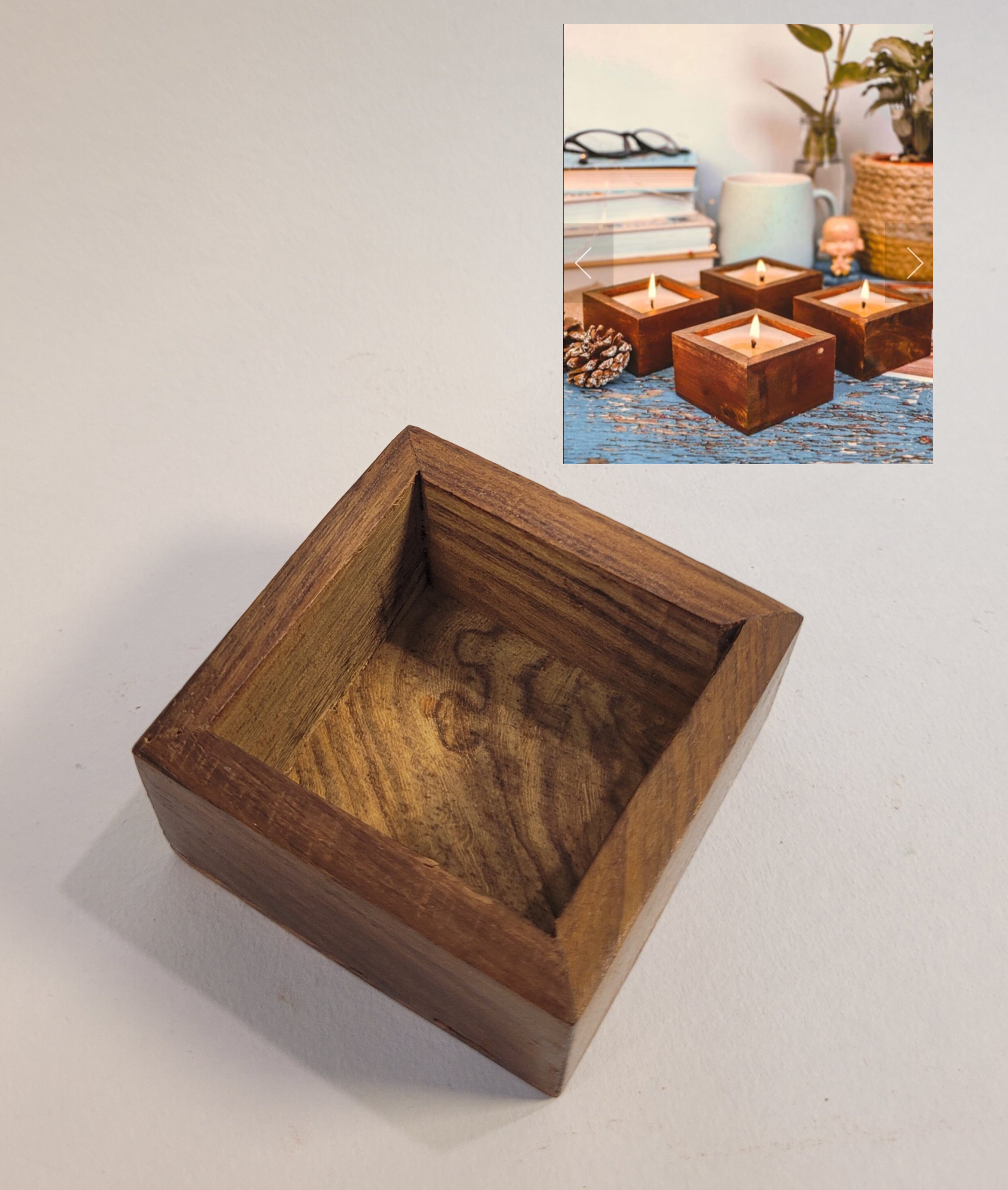 Small Square Wooden Candle Bowl (3.5" x 3.5" x 1.1")