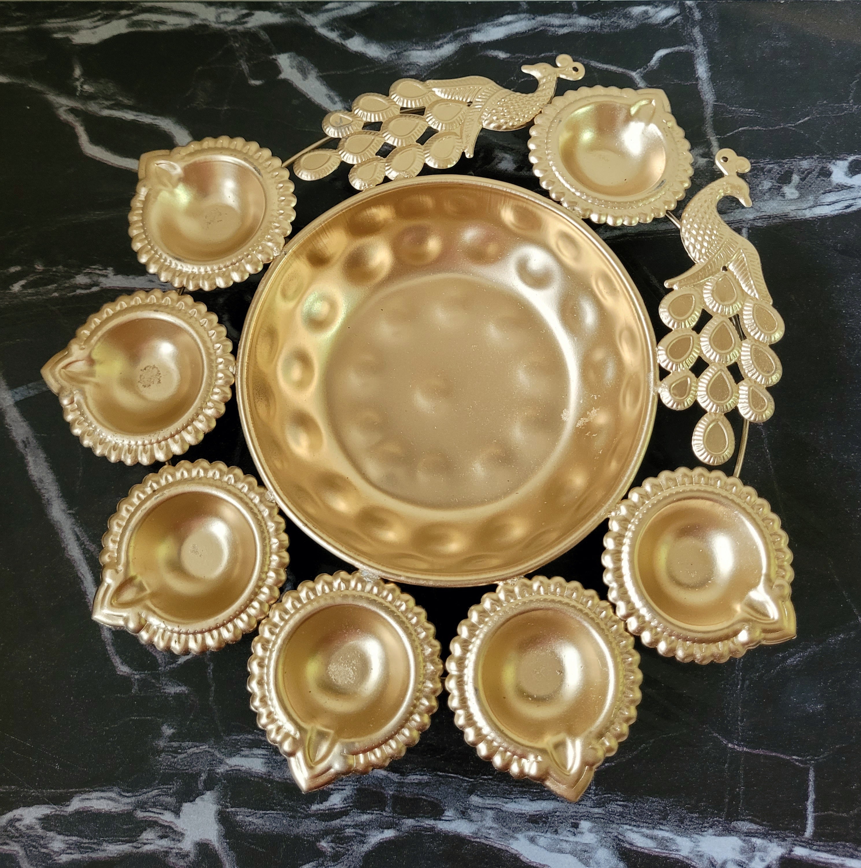 Golden Peacock Multi Diya Metal Urli Bowl (2 Sizes Available)